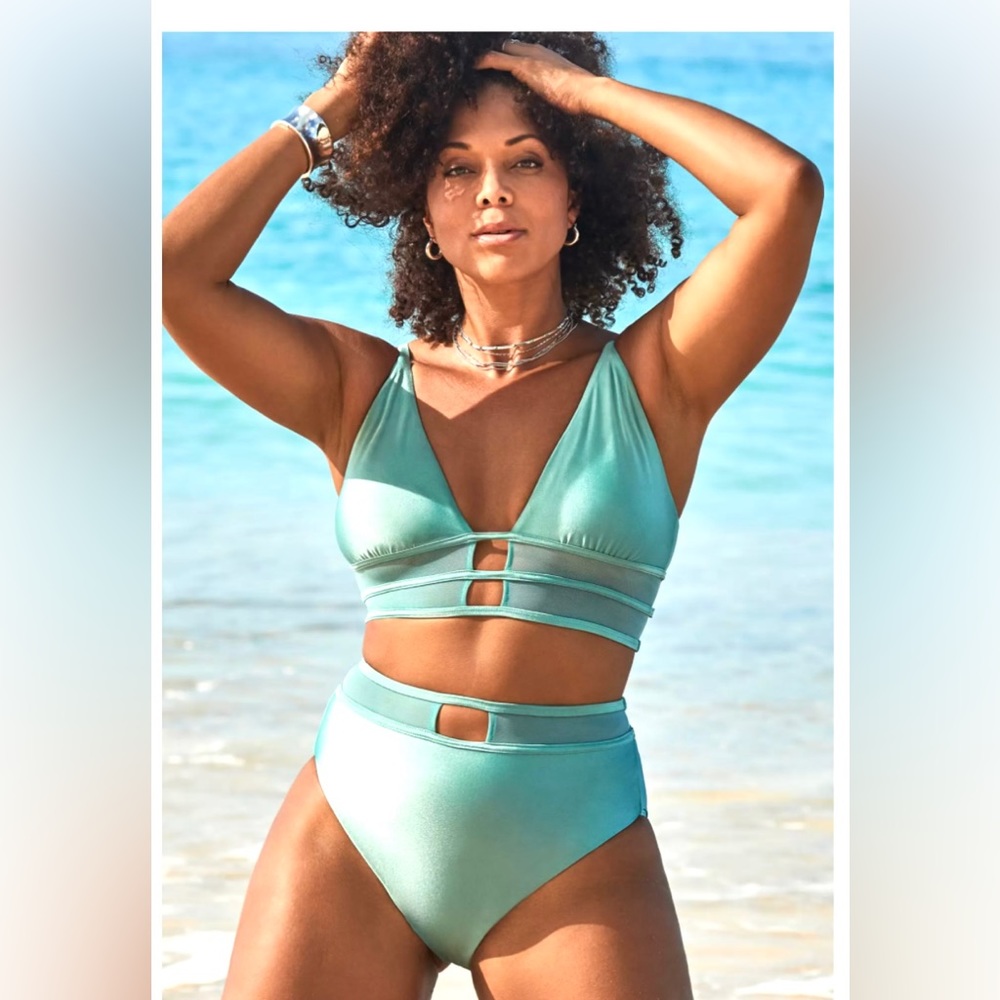 Gabi Fresh x Swimsuits for All Longline Mesh Teal Strappy High-Waist Bikini Set